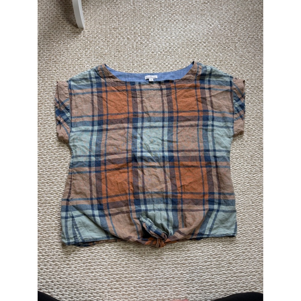 LL Bean Signature Womens Plaid 100% Linen Front boxy Short Sleeve Top coastal M